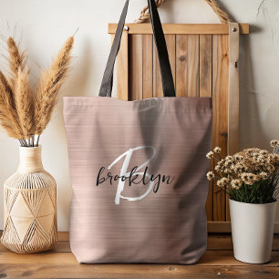 Glam Roze Goud Geborsteld Metaal Zwart Wit Monogra Tote Bag