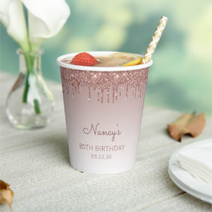 Glam Roze Goud Glitter Drip 80ste Verjaardag Papieren Bekers