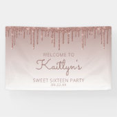 Glam Roze Goud Glitter Drip Sweet 16 Feest Banner (Horizontaal)