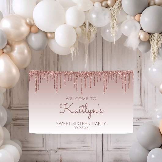 Glam Roze Goud Glitter Drip Sweet 16 Feest Banner