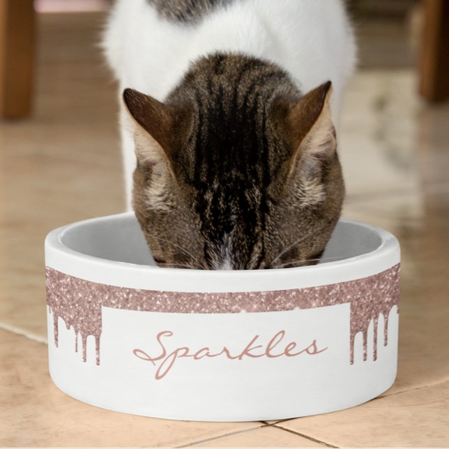 Glam Roze Goud Glitter Druppels Chic Huisdier Hond Voerbakje (Creator heeft geüpload)