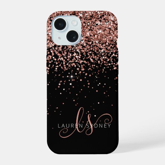 Glam Roze Goud Glitter Elegante Monogram iPhone 15 Case (Achterkant)