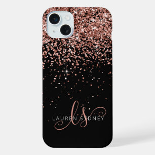 Glam Roze Goud Glitter Elegante Monogram iPhone 15 Plus Case
