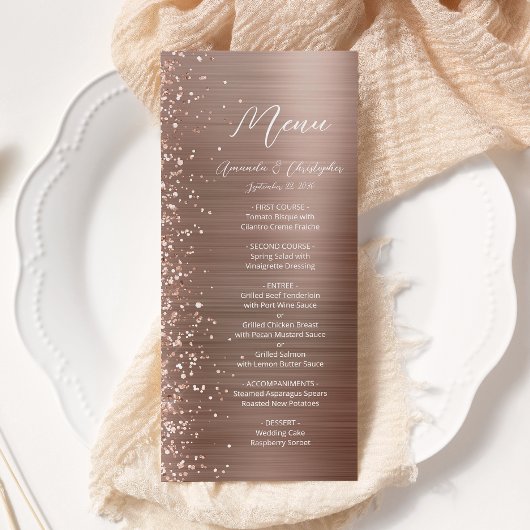 Glam Roze Goud Glitter Geborsteld Metaal Bruiloft Menu