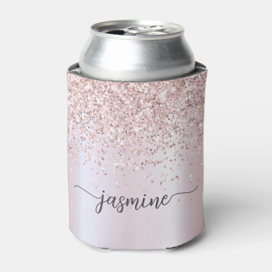 Glam Roze Goud Glitter Metaal Monogram Naam Script Blikjeskoeler (Blikje Voorkant)