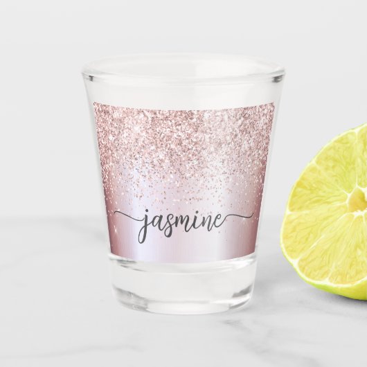 Glam Roze Goud Glitter Monogram Naam Script Shot Glas (Voorkant)