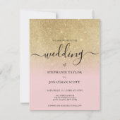 Glam roze goud glitter zwart script ombre bruiloft kaart (Voorkant)