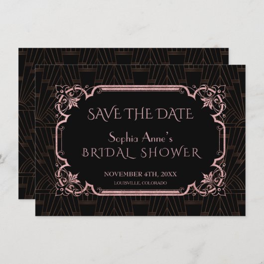 Glam Roze Goud Great Gatsby 20s Bruiloftsfeest Save The Date (Voorkant / Achterkant)