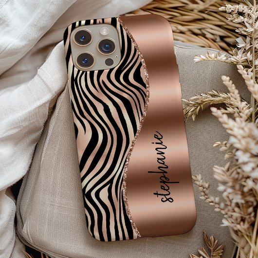 Glam Roze Goud Zwarte Tijgerstrepen Naam Case-Mate iPhone Case