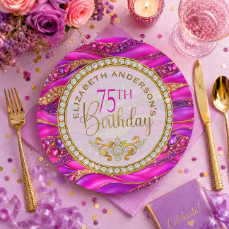 Glam Roze Gouden Edelstenen Strata 75e Verjaardag Papieren Bordje