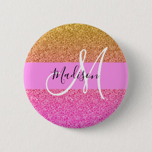 Glam Roze & Gouden Glitter Glans Gradiënt Monogram Ronde Button 5,7 Cm