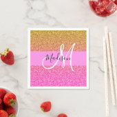 Glam roze & gouden glitter glans verloop monogram servet (Insitu)