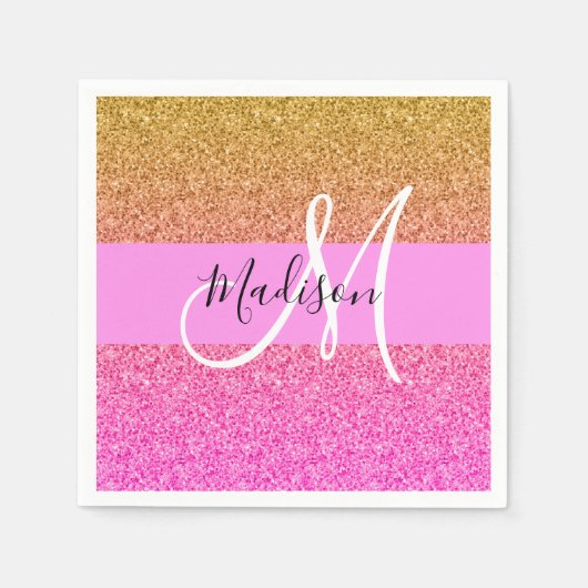 Glam roze & gouden glitter glans verloop monogram servet (Voorkant)