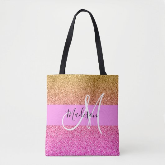 Glam roze & gouden glitter glans verloop monogram tote bag (Voorkant)