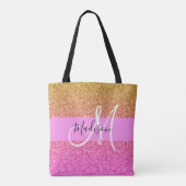 Glam roze & gouden glitter glans verloop monogram tote bag (Achterkant)