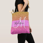 Glam roze & gouden glitter glans verloop monogram tote bag (Dichtbij)