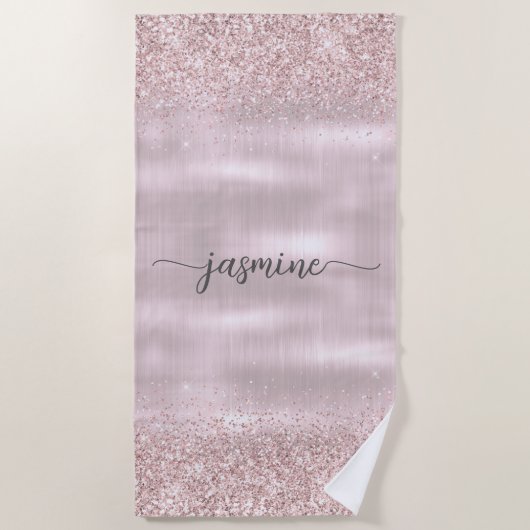 Glam Roze Gouden Glitter Monogram Naam Meisjesacht Strandlaken (Voorkant)
