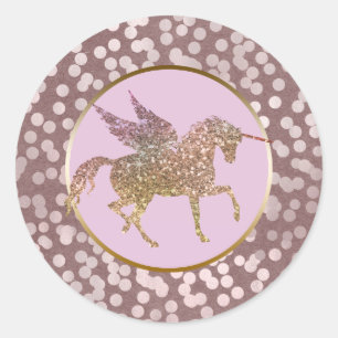 Glam Roze & Gouden Glitter Vliegende Eenhoorn Favo Ronde Sticker