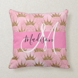 Glam Roze & Gouden Glitter Vonken Kroontjes Monogr Kussen