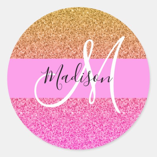Glam Roze & Gouden Glitters Glans Gradiënt Monogra Ronde Sticker (Voorkant)