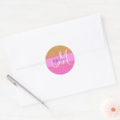 Glam Roze & Gouden Glitters Glans Gradiënt Monogra Ronde Sticker (Envelop)