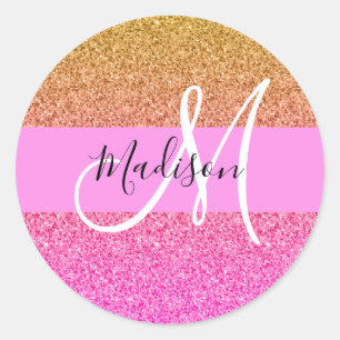 Glam Roze & Gouden Glitters Glans Gradiënt Monogra Ronde Sticker
