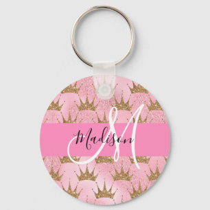 Glam Roze & Gouden Glitters Glans Kroontjes Monogr Sleutelhanger