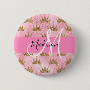 Glam roze & gouden glitters Glitters Kroontjes Mon Ronde Button 5,7 Cm