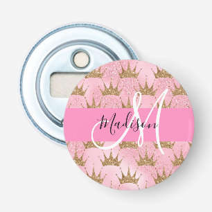 Glam roze & gouden glittersparkling kronen monogra button flesopener