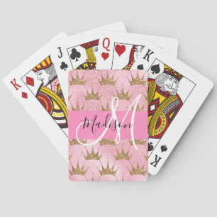 Glam roze & gouden glittersparkling kronen monogra pokerkaarten