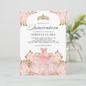 Glam roze gouden roze jurk bloem 15e Quinceañera Kaart (Staand voorkant)