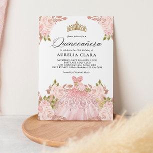 Glam roze gouden roze jurk bloem 15e Quinceañera Kaart