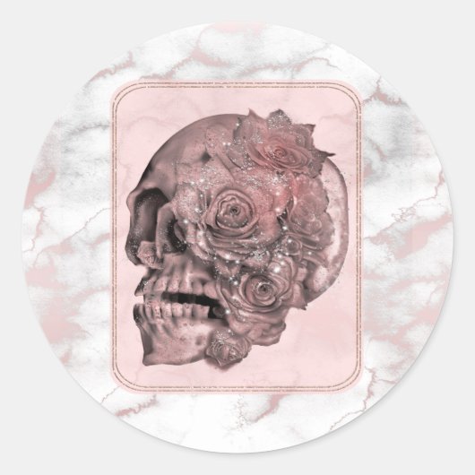 Glam roze gouden roze schedel marmeren feest ronde sticker (Voorkant)