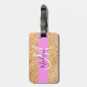Glam Roze & Koper Glitter Vonken Monogram Naam Bagagelabel (Achterkant verticaal)