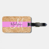 Glam Roze & Koper Glitter Vonken Monogram Naam Bagagelabel (Achterkant horizontaal)