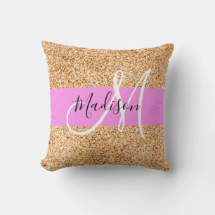 Glam Roze & Koper Glitter Vonken Monogram Naam Kussen