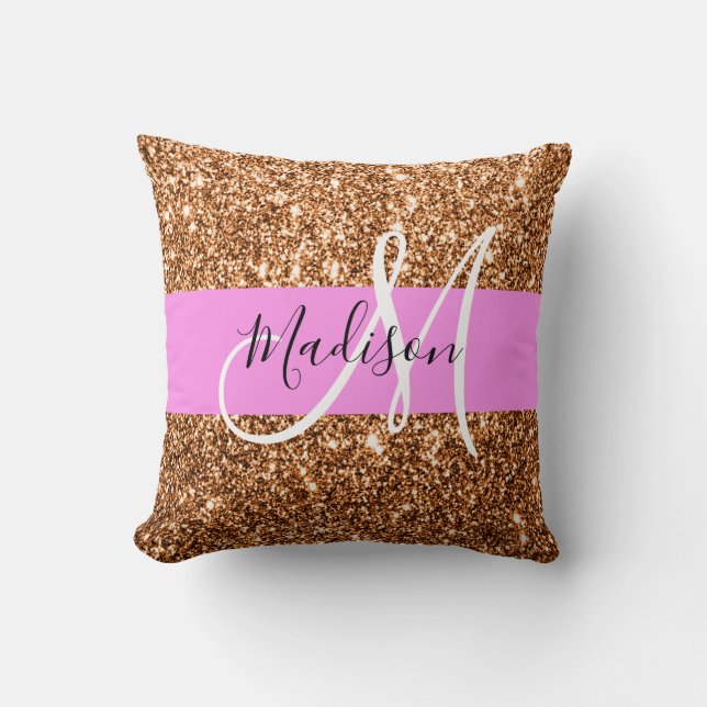 Glam Roze & Koper Glitter Vonken Monogram Naam Kussen (Voorkant)