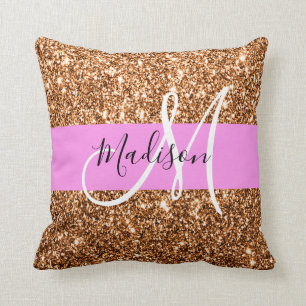 Glam Roze & Koper Glitter Vonken Monogram Naam Kussen