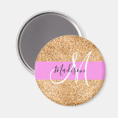 Glam Roze & Koper Glitter Vonken Monogram Naam Magneet (Voorkant / Achterkant)