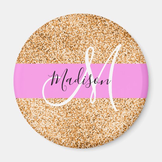 Glam Roze & Koper Glitter Vonken Monogram Naam Magneet (Voorkant)