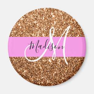 Glam Roze & Koper Glitter Vonken Monogram Naam Magneet