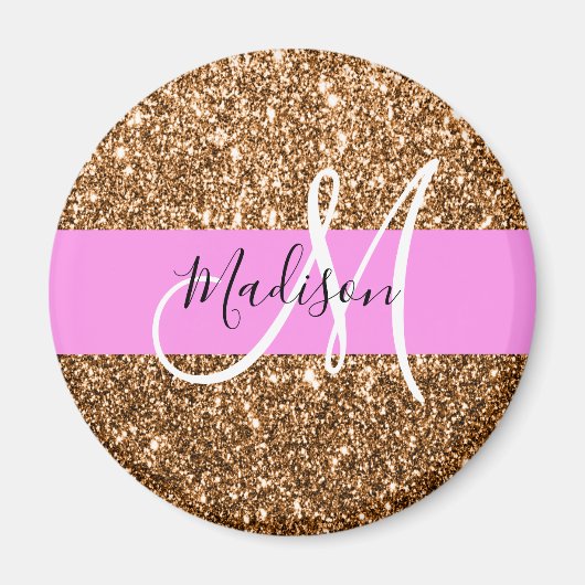Glam Roze & Koper Glitter Vonken Monogram Naam Magneet (Voorkant)