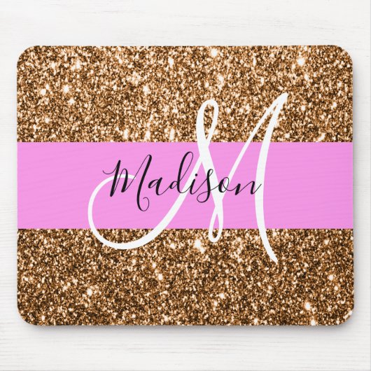 Glam Roze & Koper Glitter Vonken Monogram Naam Muismat (Voorkant)