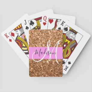 Glam Roze & Koper Glitter Vonken Monogram Naam Pokerkaarten