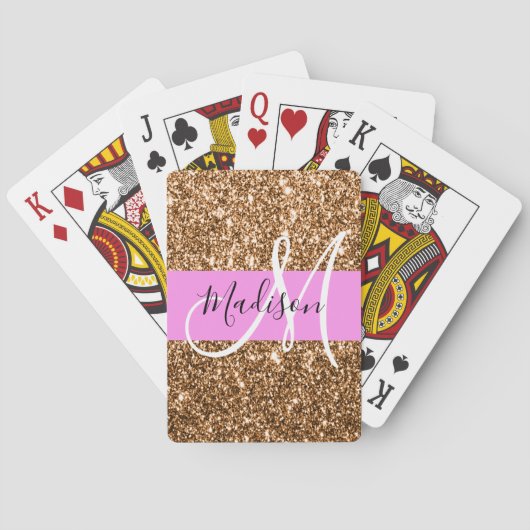 Glam Roze & Koper Glitter Vonken Monogram Naam Pokerkaarten (Achterkant)