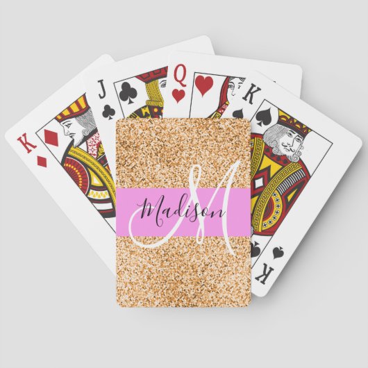 Glam Roze & Koper Glitter Vonken Monogram Naam Pokerkaarten (Achterkant)