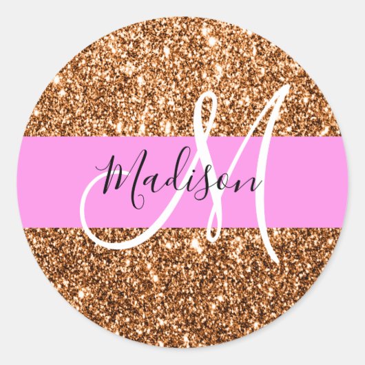 Glam Roze & Koper Glitter Vonken Monogram Naam Ronde Sticker (Voorkant)