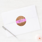 Glam Roze & Koper Glitter Vonken Monogram Naam Ronde Sticker (Envelop)