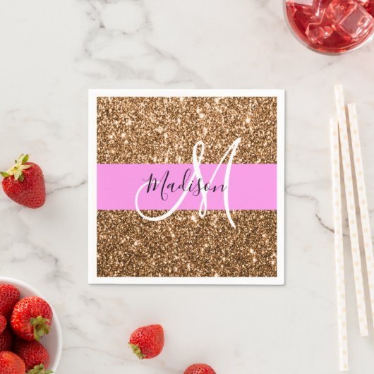 Glam Roze & Koper Glitter Vonken Monogram Naam Servet (Insitu)
