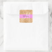 Glam Roze & Koper Glitter Vonken Monogram Naam Vierkante Sticker (Tas)